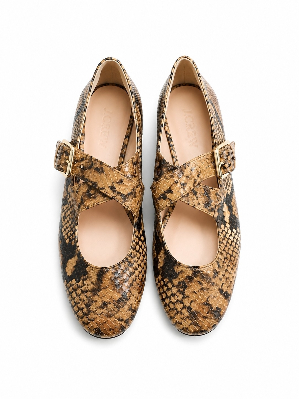 J. Crew Snake-Print Mary Jane Flats in Tan and Black